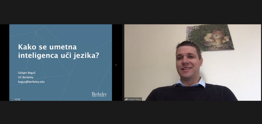 Posnetek zaslona na katerem docent Gašper Beguš predava na temo umetne inteligence.