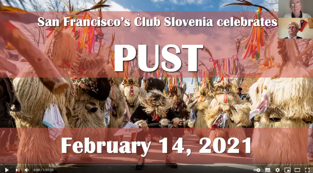 Posnetek zaslona. Kurenti, nato napis San Francisco's Club Slovenia celebrates Pust. February 14, 2021.