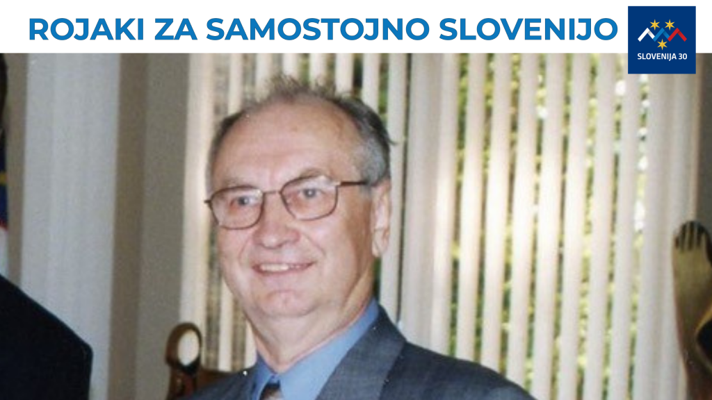 Ciril Soršak, na vrhu na belem traku napis Rojaki za samostojno Slovenijo in logo (simbol Triglava v beli, modri in rdeči barvi, tri rumene zvezde in pod tem napis Slovenija 30).
