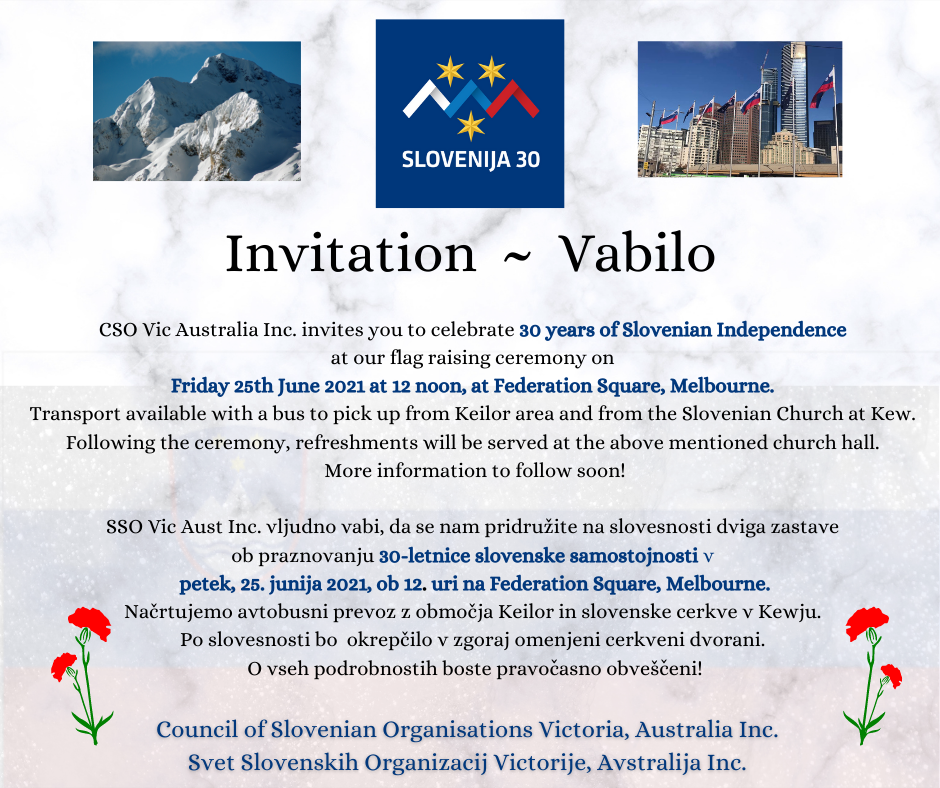 Vabilo Sveta Sloveniski Organizacij Victorije na praznovanje 30-letnice slovenske samostojnosti
