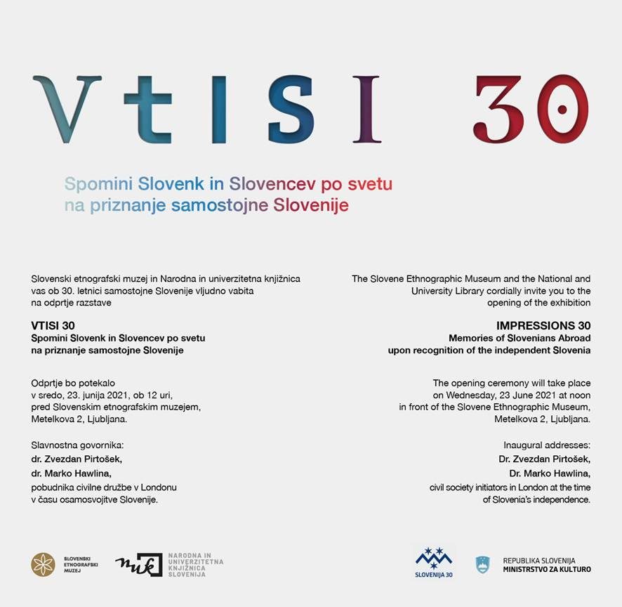 Letak razstave VTISI 30, Spomini Slovenk in Slovencev po svetu na priznanje samostojne Slovenije