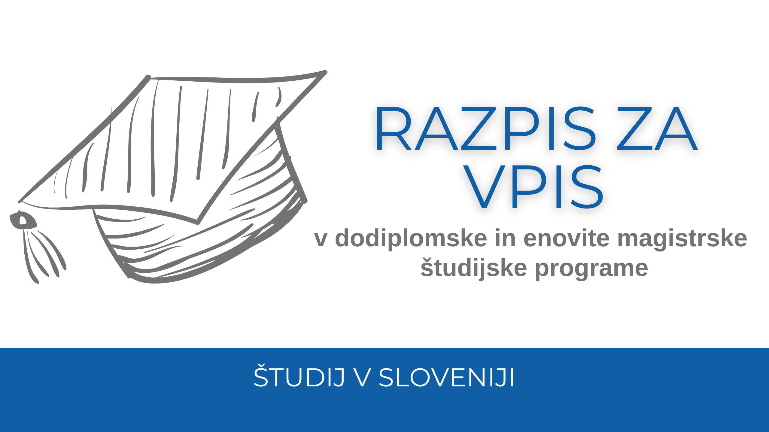 Na modrem traku spodaj napisano Študij v Sloveniji, zgoraj na beli podlagi napis Razpis za vpis v dodiplomske in enovite magistrske študijske programe. Na levi strani skica maturantske kape.