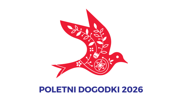 Logtip Dobrodošli doma - lastovica v rdeči barvi. Spodaj napis Poletni dogodki 2026