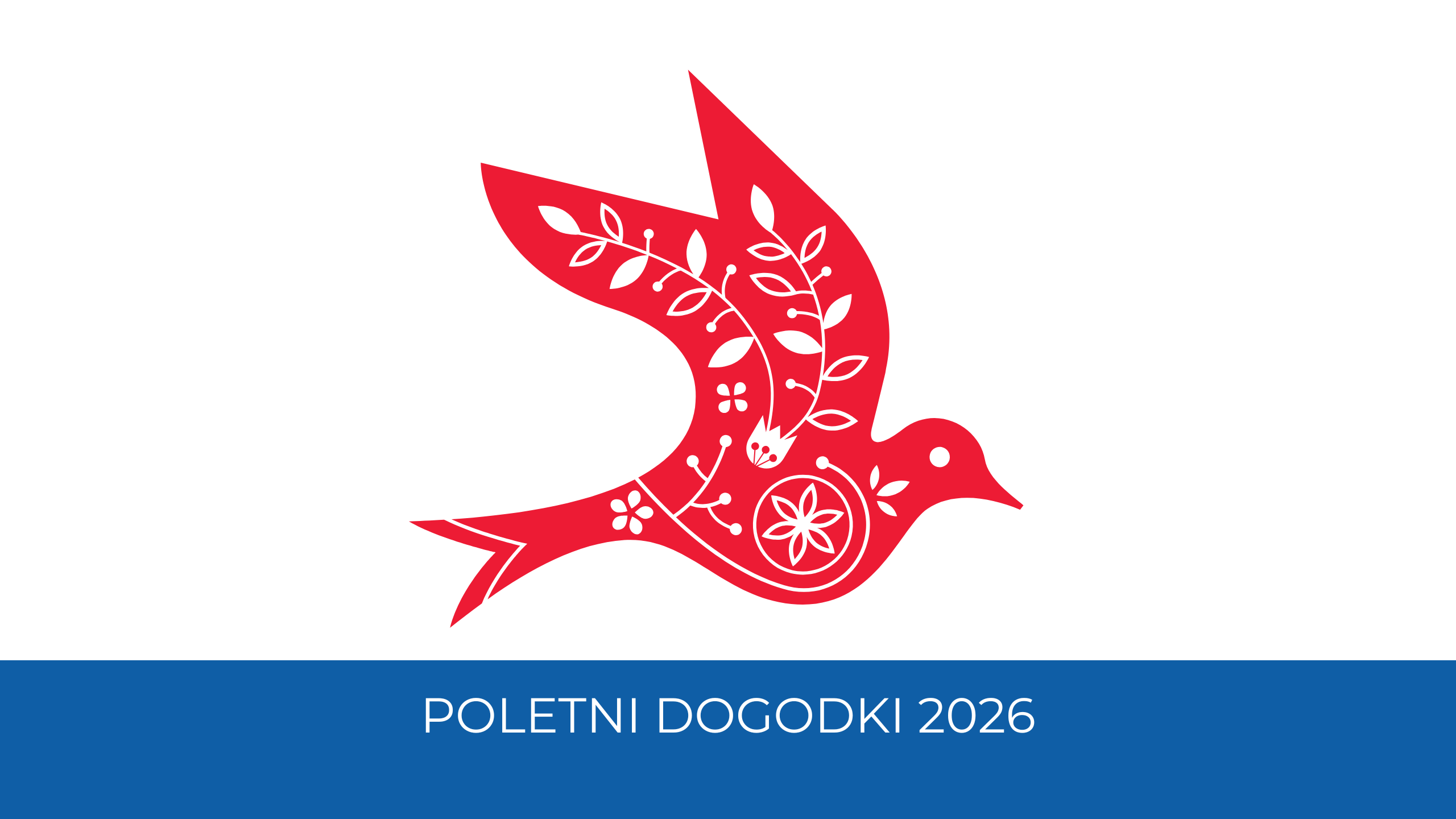 Logotip Dobrodošli doma 2026 - rdeča lastovica z slovenskimi oriamenti. Spodaj na modri podlagi napis Poletni dogodki 2026.