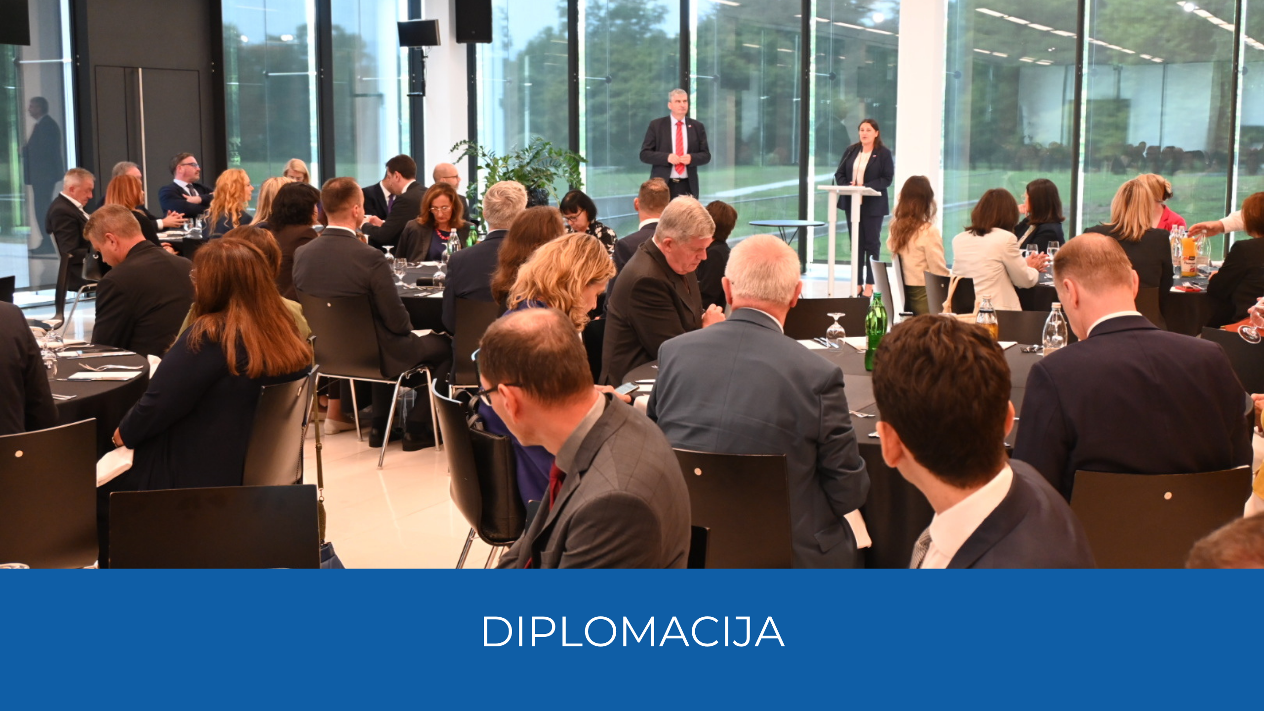 Udeleženci za mizami, ministrica za govornico. Spodaj na modrem traku napis Diplomacija.