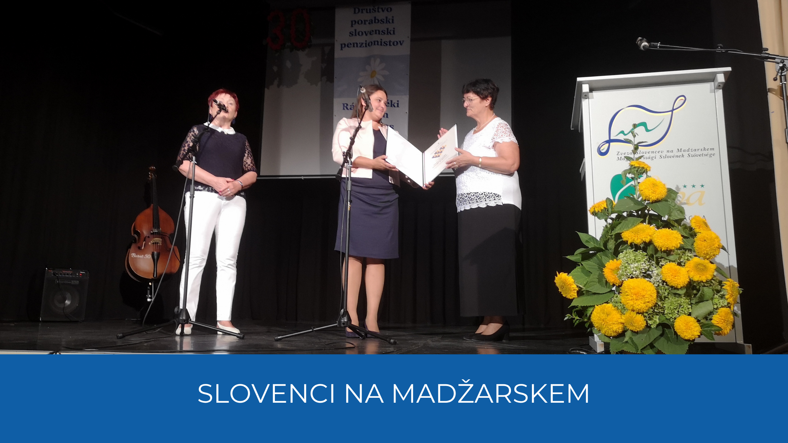Ministrica podeljuje priznanje na odru. Spodaj na modrem traku napis Slovenci na Madžarskem.